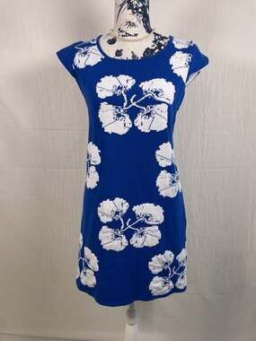 Apple Tea Collection Blue and White Floral Knit Cap Sleeve Mini Dress